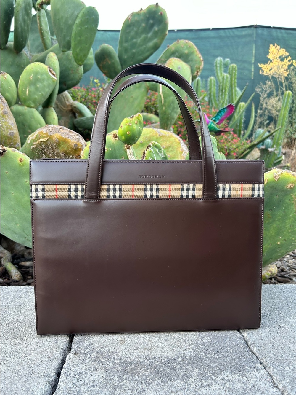 Burberry Brown Leather Tote with Nova Check Accent